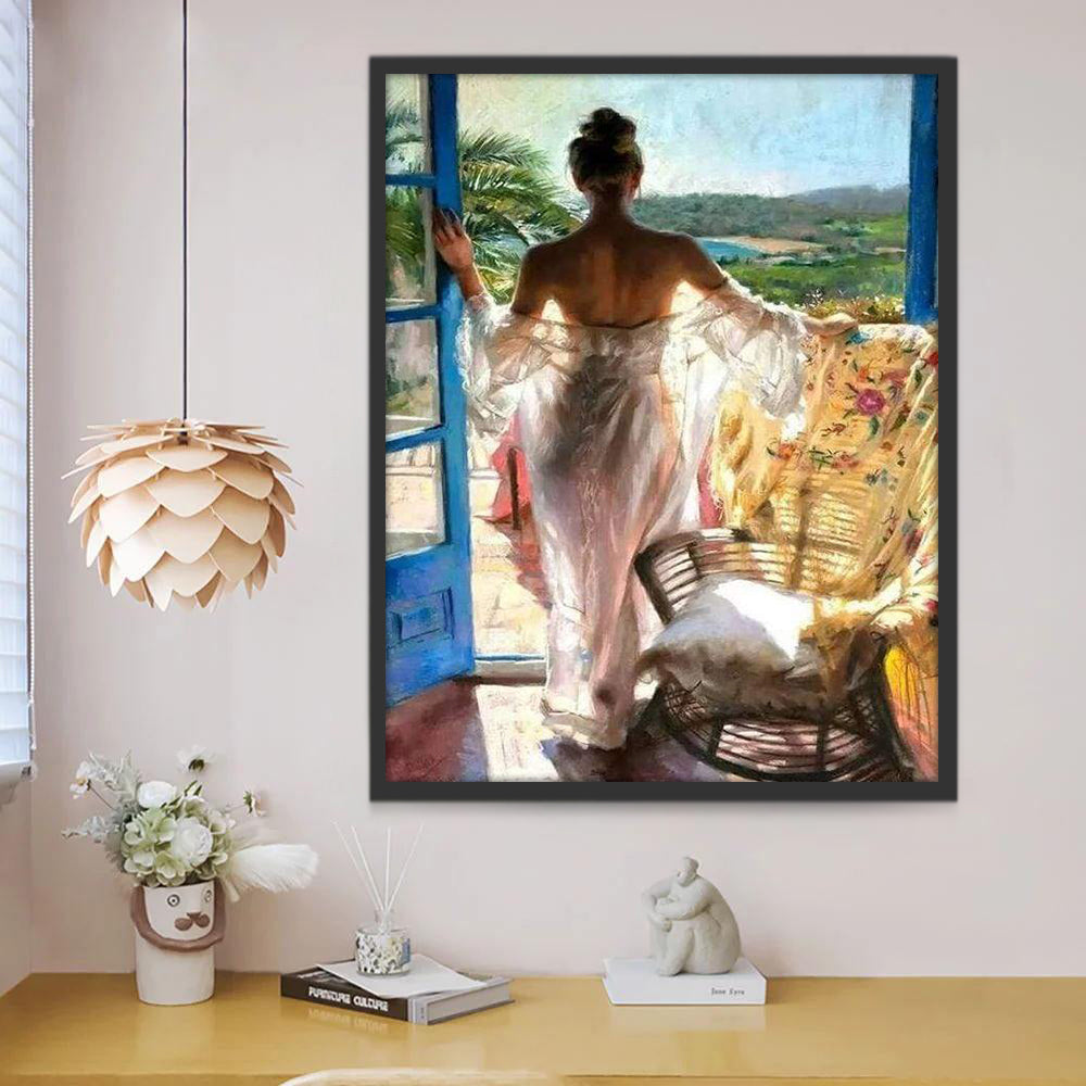 Mujer Elegante al Lado de Ventanal Azul Pintar por Números