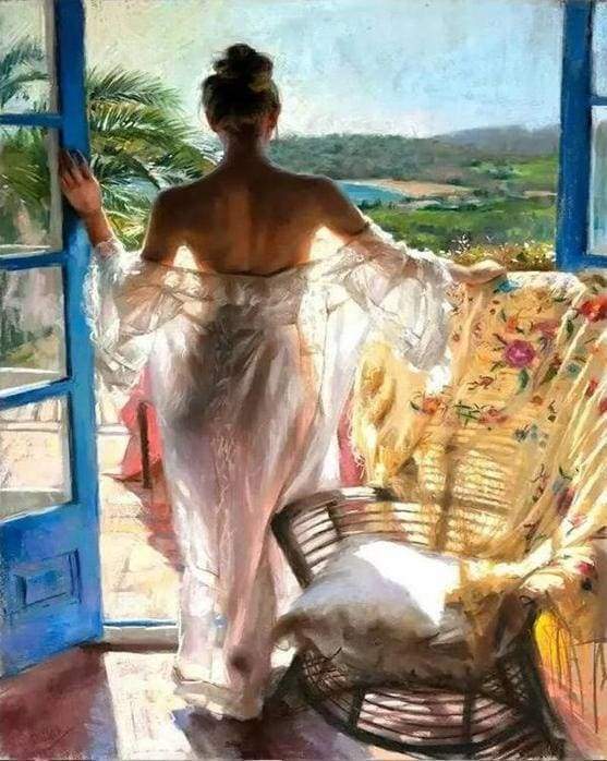 Mujer Elegante al Lado de Ventanal Azul Pintar por Números