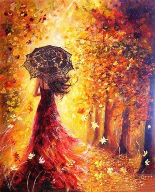 Mujer en el Sendero de Árboles Otoñales Pintar por Números