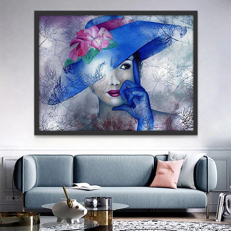 Mujer Hermosa con Sombrero Azul y Flores Pintar por Números