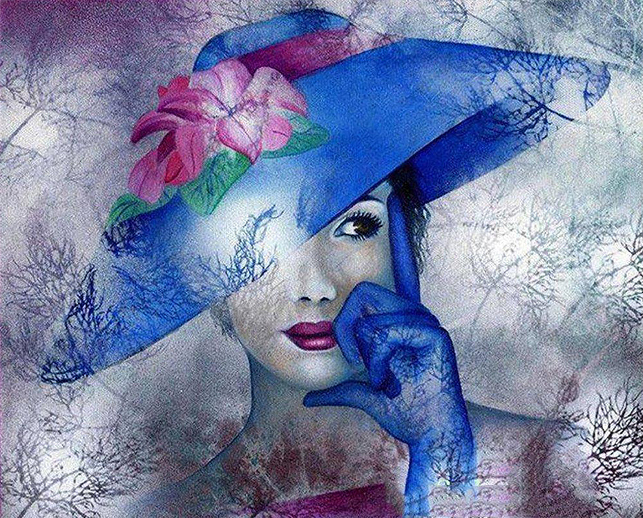 Mujer Hermosa con Sombrero Azul y Flores Pintar por Números