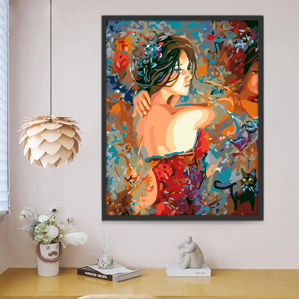 Mujer Hermosa y Gatito Negro Pintar por Números