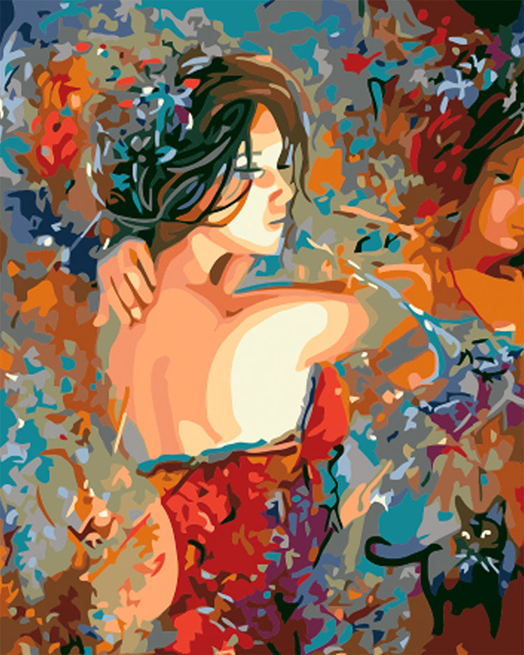 Mujer Hermosa y Gatito Negro Pintar por Números