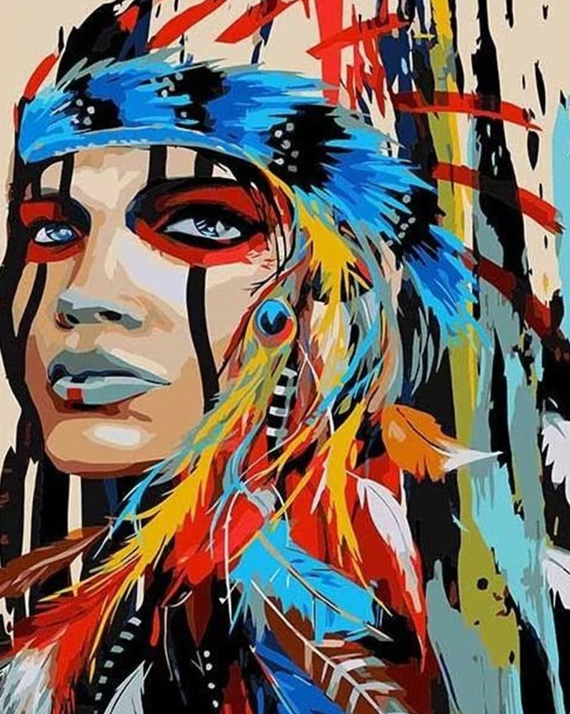 Mujer Indígena con Tocado de Plumas Pintar por Números
