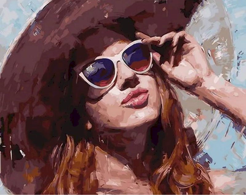 Mujer Joven con Gafas de Sol y Sombrero Pintar por Números