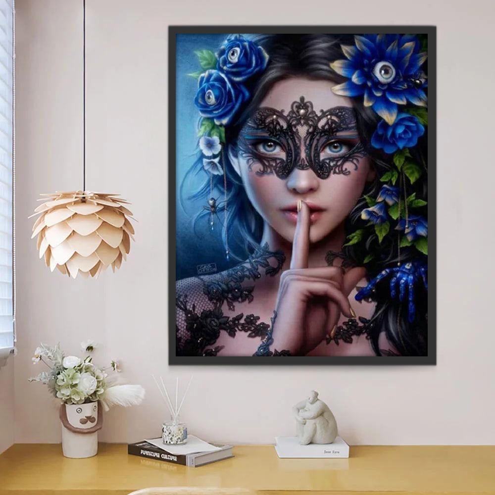 Mujer Joven con Máscara y Flores Azules Pintar por Números