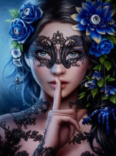 Mujer Joven con Máscara y Flores Azules Pintar por Números