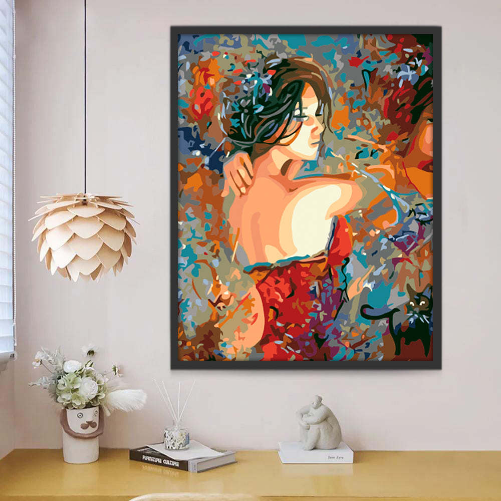 Mujer Joven y Gato Negro Pintar por Números
