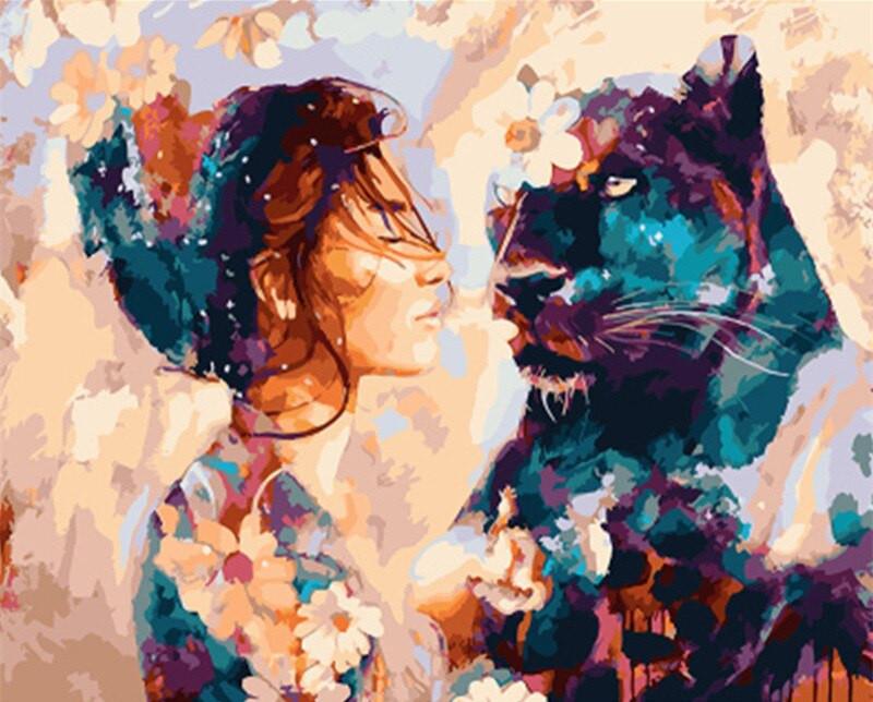 Mujer Joven y Leopardo Negro Pintar por Números
