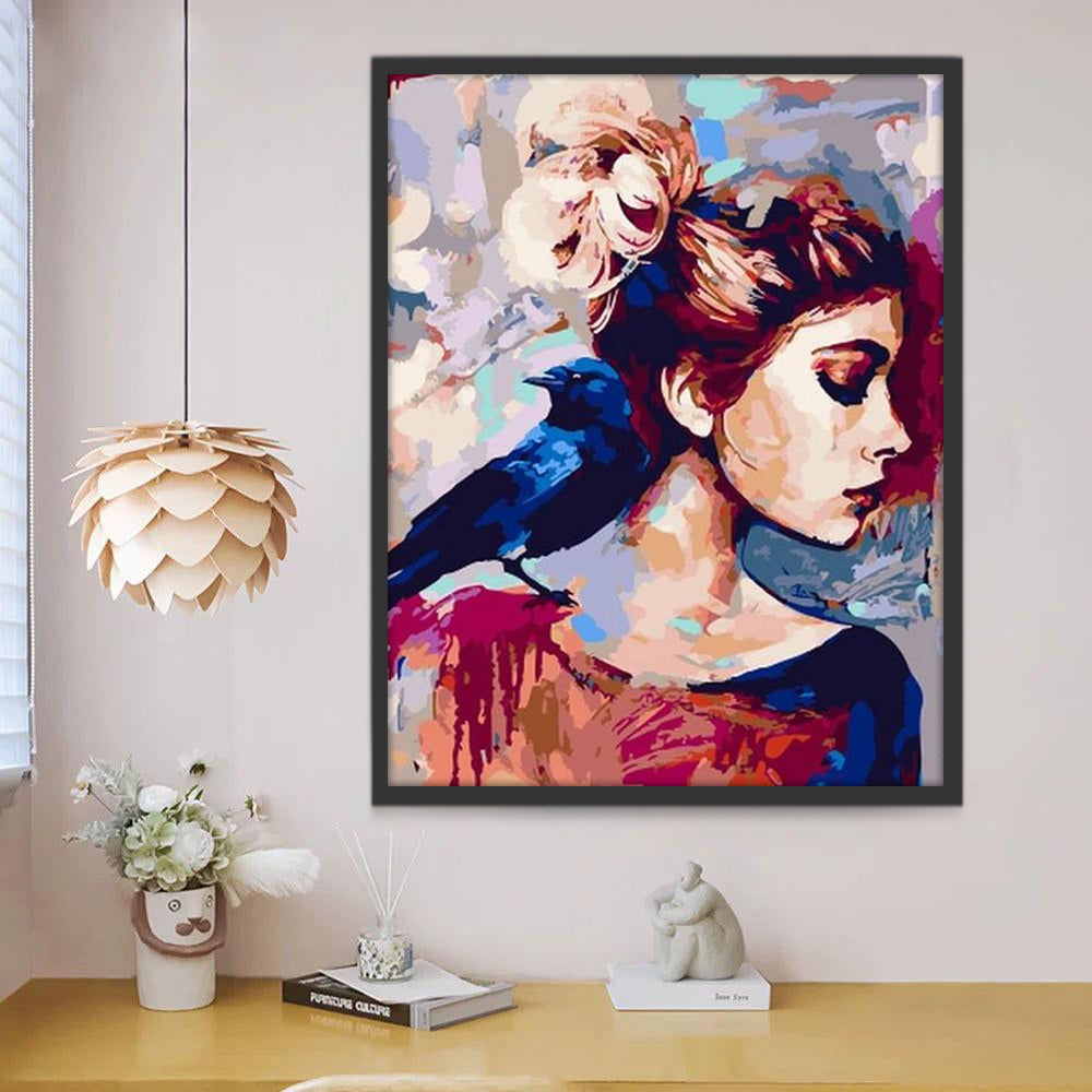 Mujer Joven y Pájaro Azul Pintar por Números