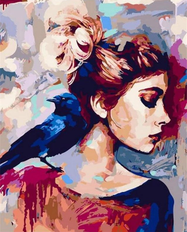 Mujer Joven y Pájaro Azul Pintar por Números