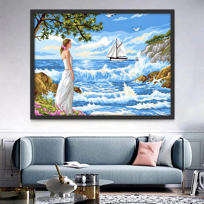 Mujer Mirando el Mar Azul Pintar por Números