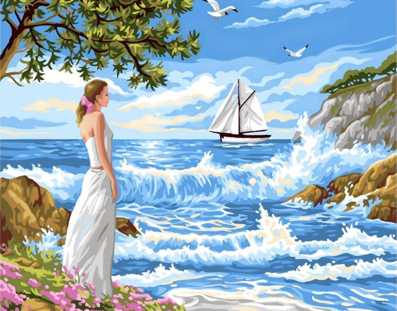 Mujer Mirando el Mar Azul Pintar por Números
