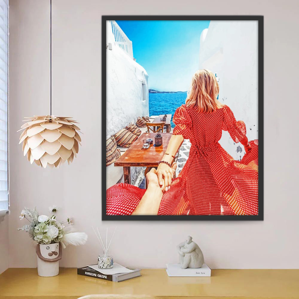 Mujer Mirando el Mar de Santorini Pintar por Números