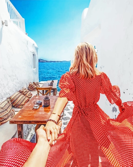 Mujer Mirando el Mar de Santorini Pintar por Números