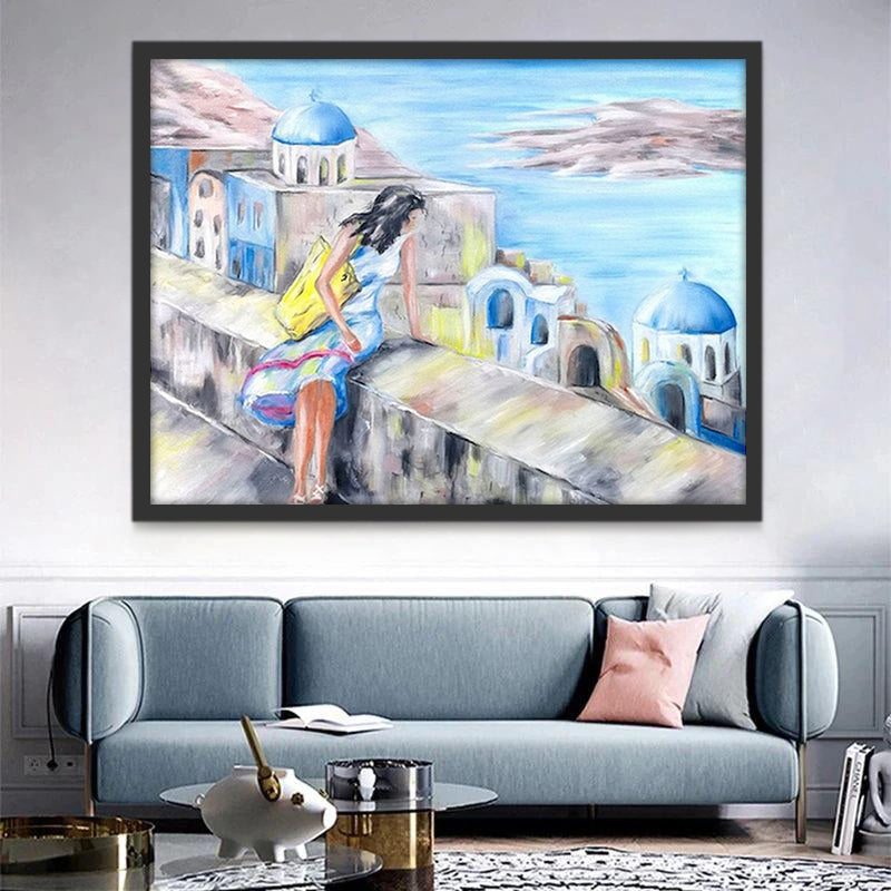Mujer Mirando Paisaje de Santorini Pintar por Números