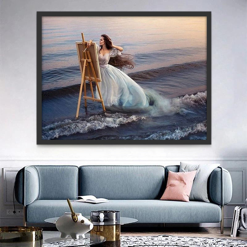 Mujer Pintando en las Olas Marinas Pintar por Números