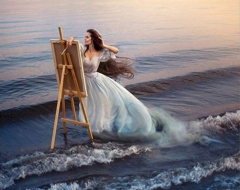 Mujer Pintando en las Olas Marinas Pintar por Números