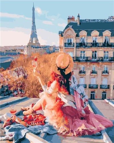 Mujer sobre el Techo Mirando Torre Eiffel Pintar por Números