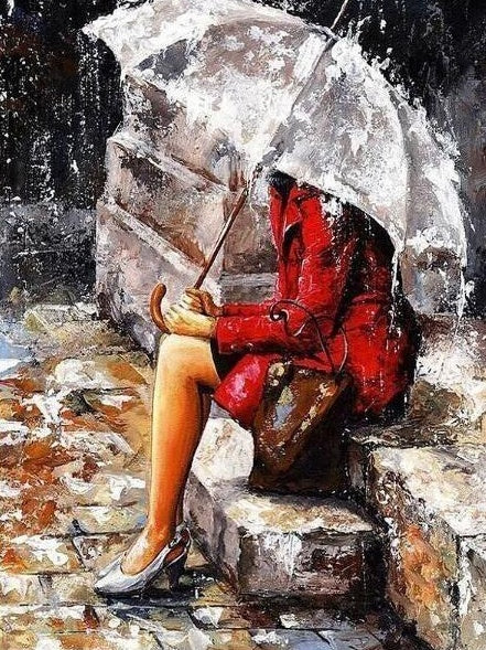 Mujer sobre Escalera en la Lluvia Pintar por Números