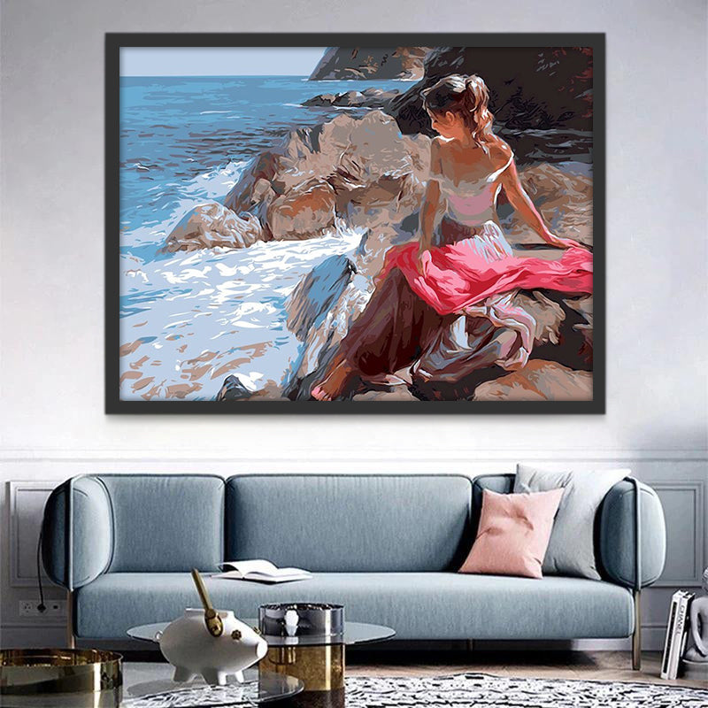 Mujer sobre Roca Mirando Olas Marinas Pintar por Números