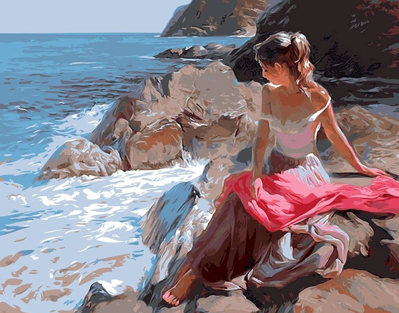Mujer sobre Roca Mirando Olas Marinas Pintar por Números