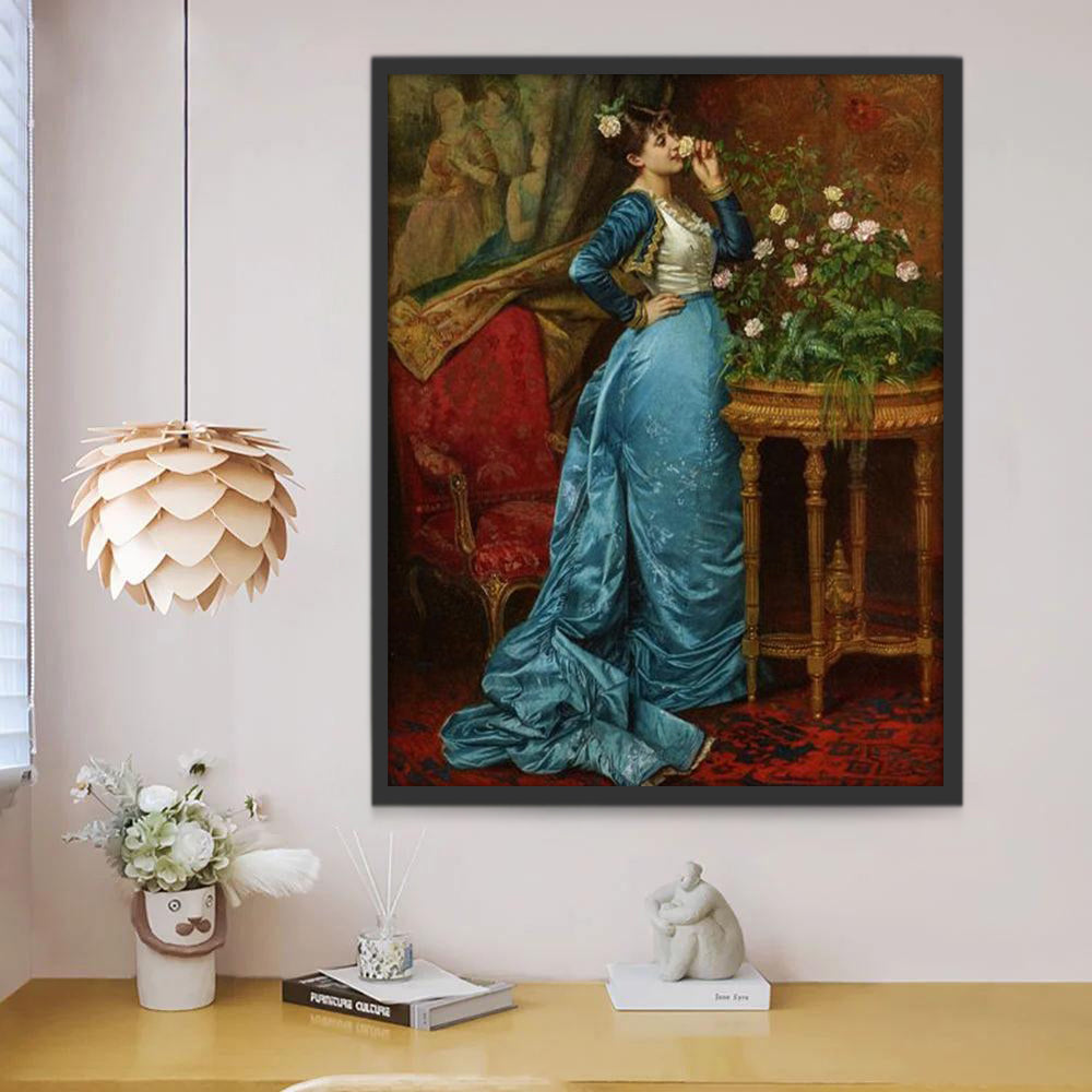 Mujer Vestida de Azul Mirando Flores Pintar por Números