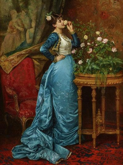 Mujer Vestida de Azul Mirando Flores Pintar por Números