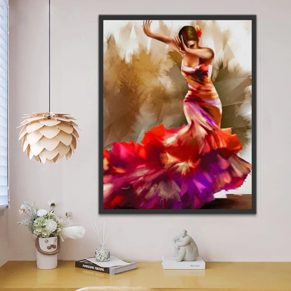 Mujer Vestida de Rojo Bailando Flamenco Pintar por Números