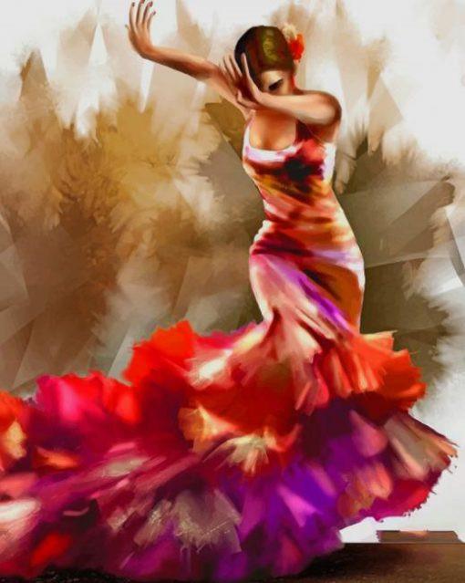 Mujer Vestida de Rojo Bailando Flamenco Pintar por Números