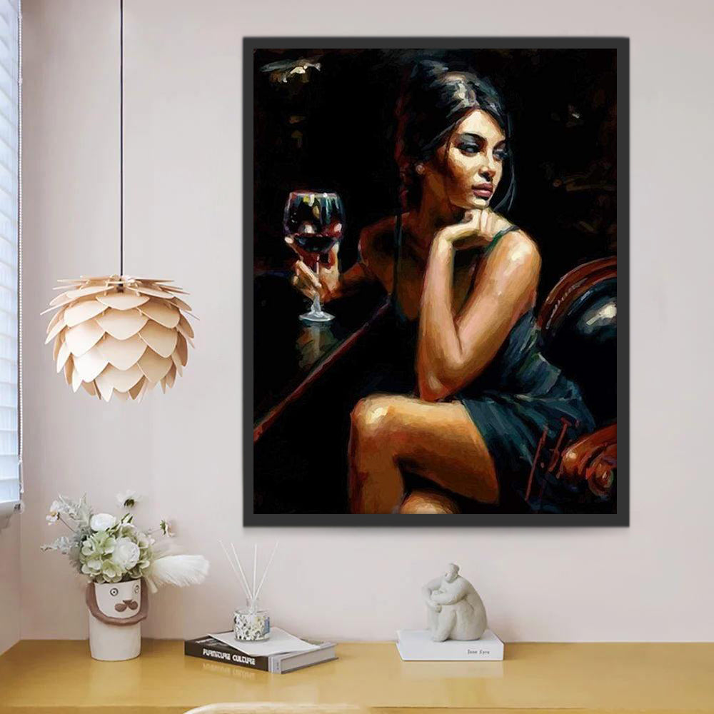 Mujer y Copa de Vino en la Noche Pintar por Números