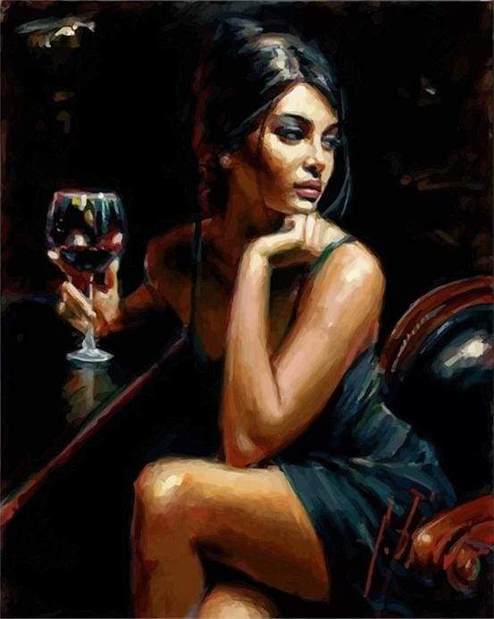 Mujer y Copa de Vino en la Noche Pintar por Números