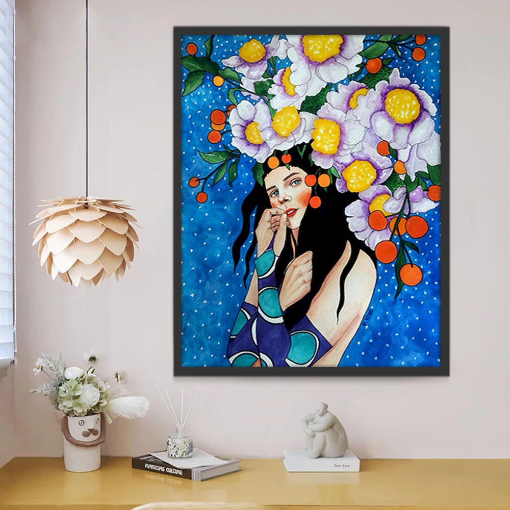 Mujer y Flores en el Fondo Azul Pintar por Números
