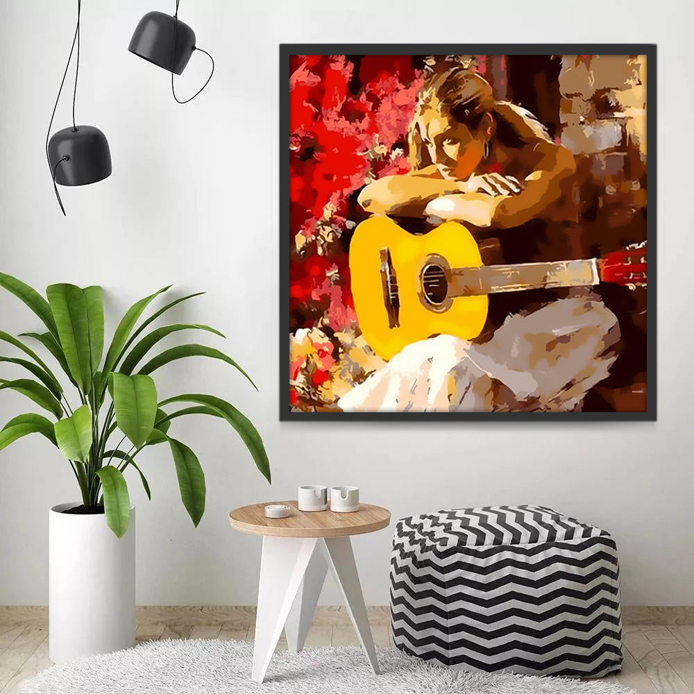 Mujer y Guitarra Delante de Puerta Pintar por Números