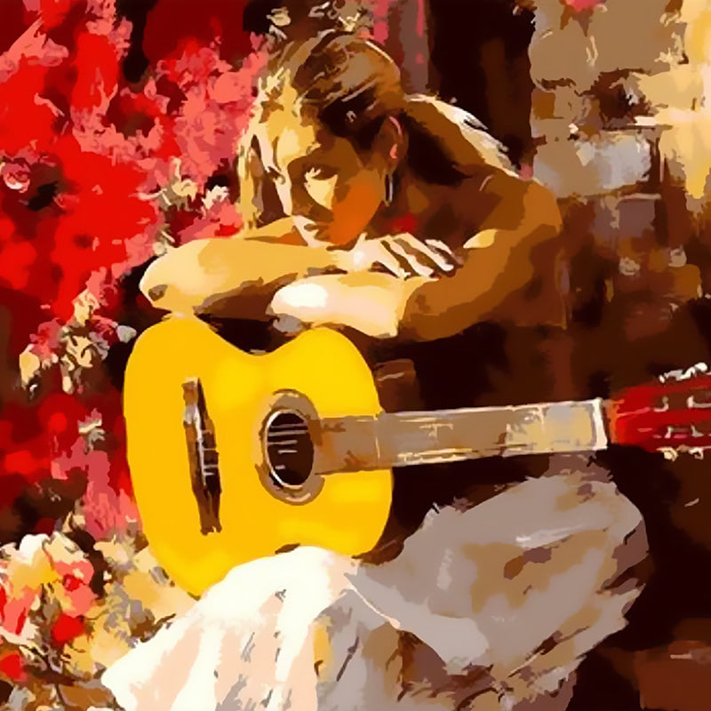 Mujer y Guitarra Delante de Puerta Pintar por Números
