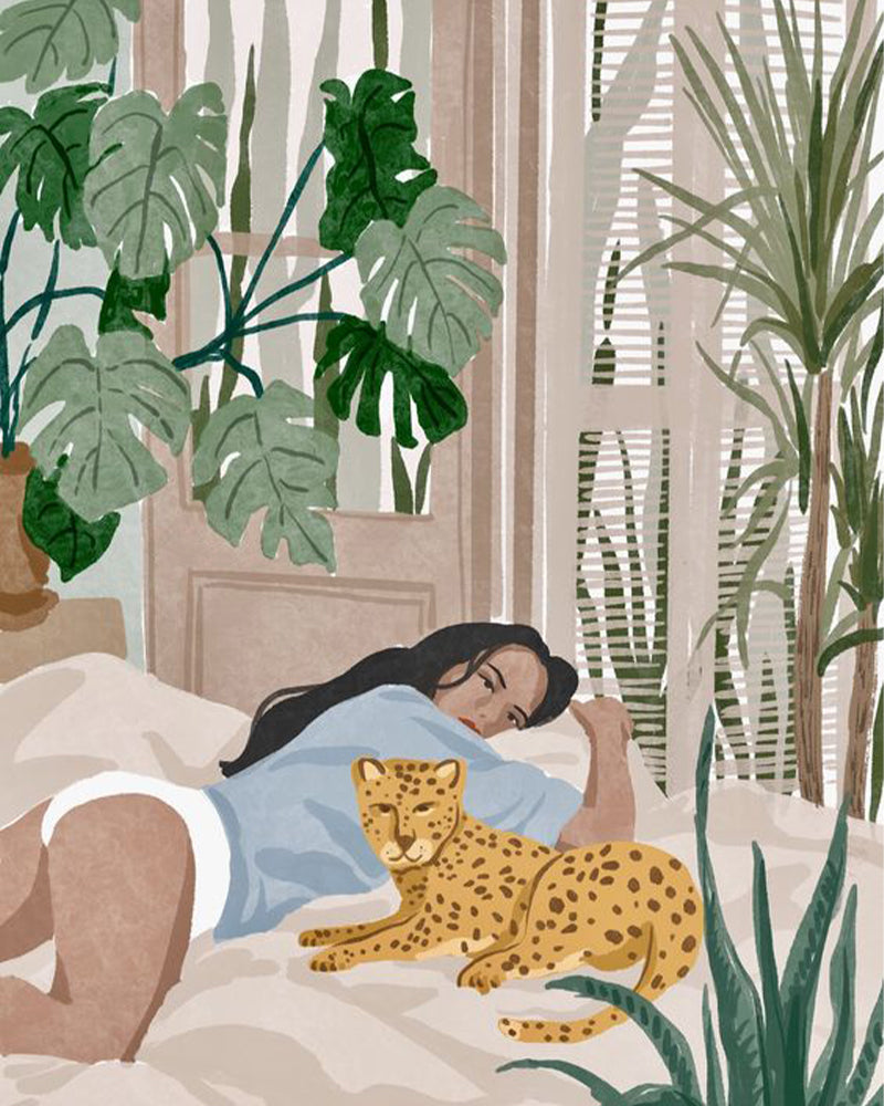 Mujer y Jaguar Pequeño sobre la Cama Pintar por Números
