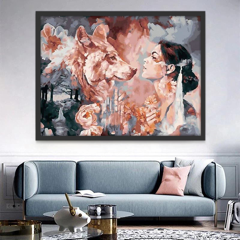Mujer y Lobo Abstracto con Fondo Rosado y Gris Pintar por Números