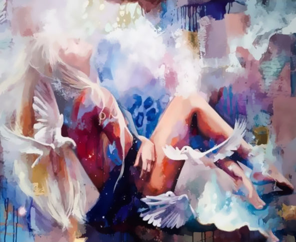 Mujer y Palomas Blancas Pintar por Números