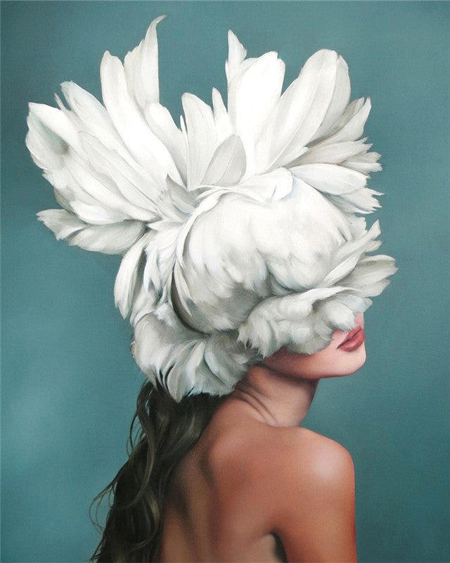 Mujer y Peonías Blancas con Fondo Verde Pintar por Números