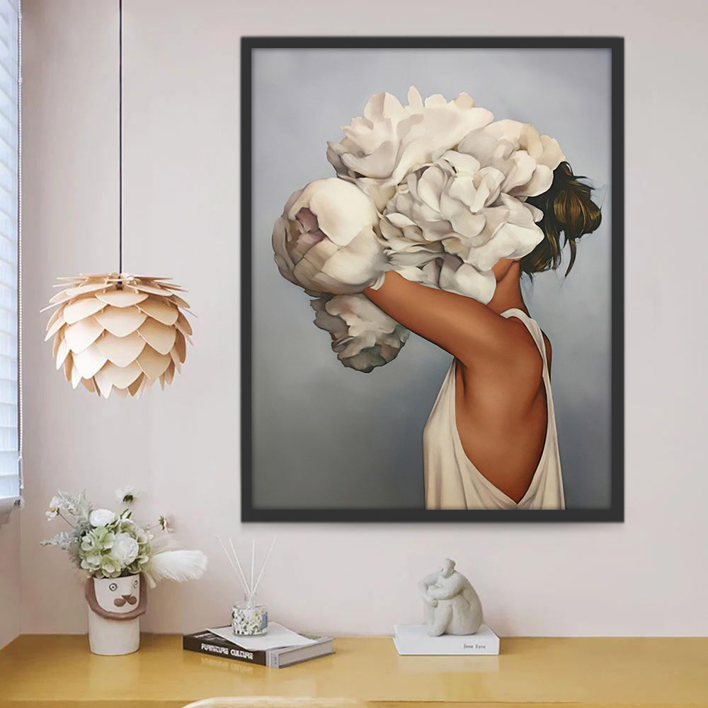 Mujer y Peonías Blancas Pintar por Números