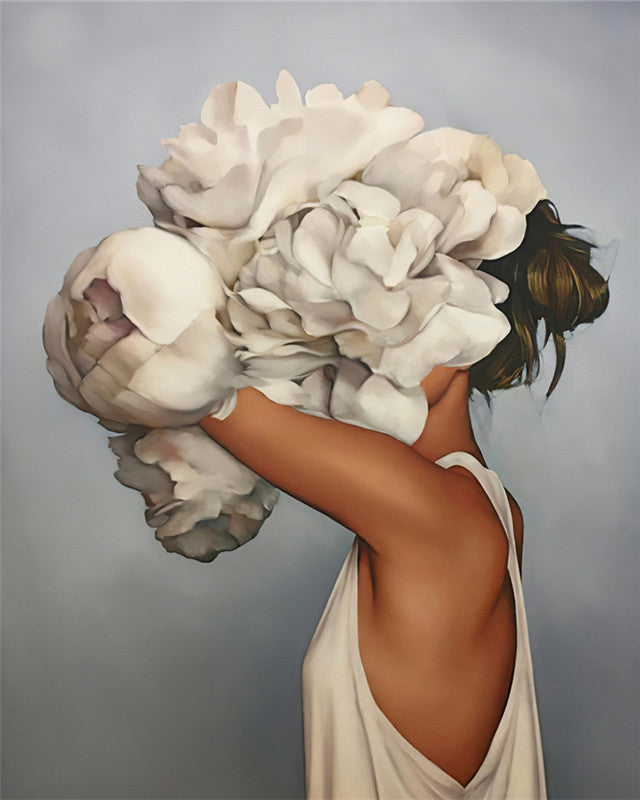 Mujer y Peonías Blancas Pintar por Números