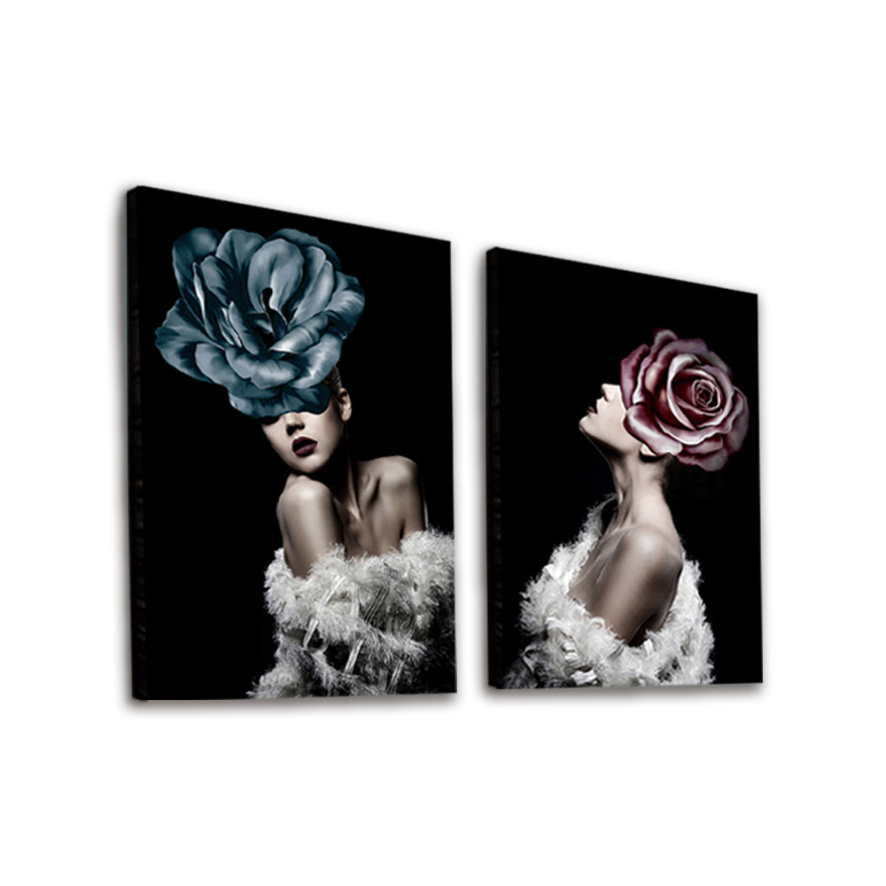 Mujeres con Rosa Azul y Roja sobre la Cabeza 2 Partes Pintar por Números