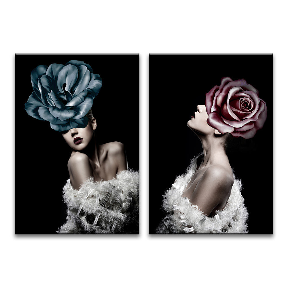 Mujeres con Rosa Azul y Roja sobre la Cabeza 2 Partes Pintar por Números