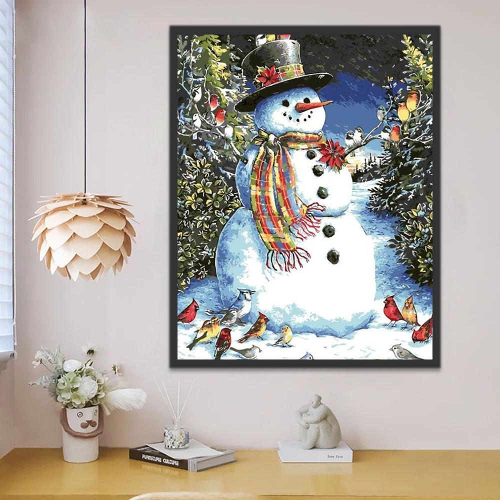 Muñeco de Nieve Rodeado de Pájaros Pintar por Números