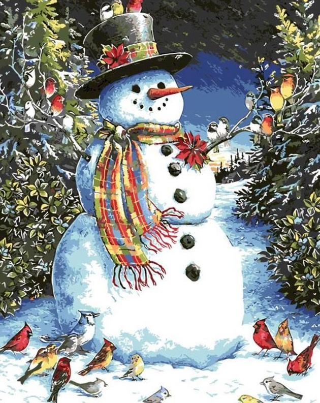Muñeco de Nieve Rodeado de Pájaros Pintar por Números
