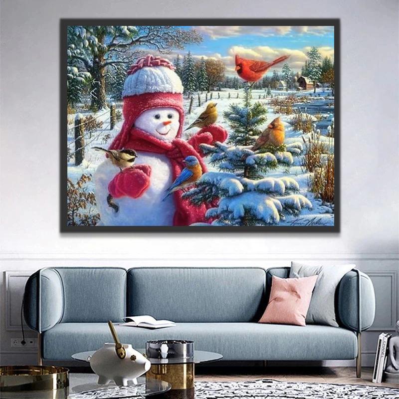Muñeco de Nieve y Pájaros con Pino Pintar por Números