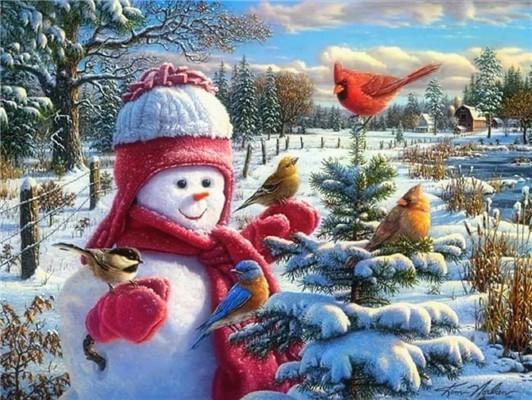 Muñeco de Nieve y Pájaros con Pino Pintar por Números