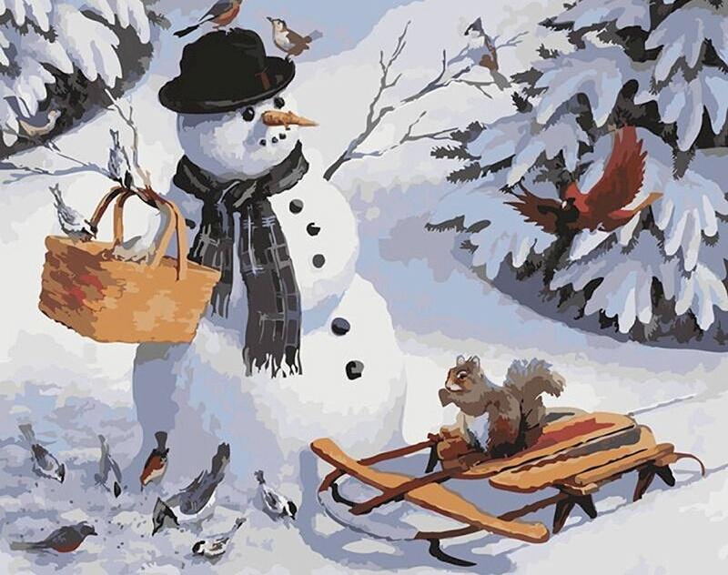 Muñeco de Nieve y Pájaros y Ardilla Pintar por Números