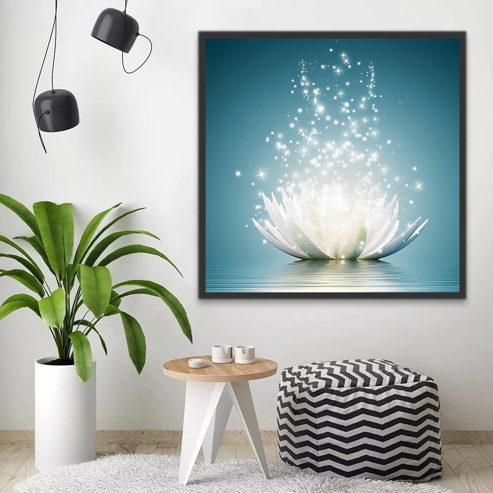 Nenúfar Blanco Esotérico con Luz Mágica en Fondo Azul Pintar por Números