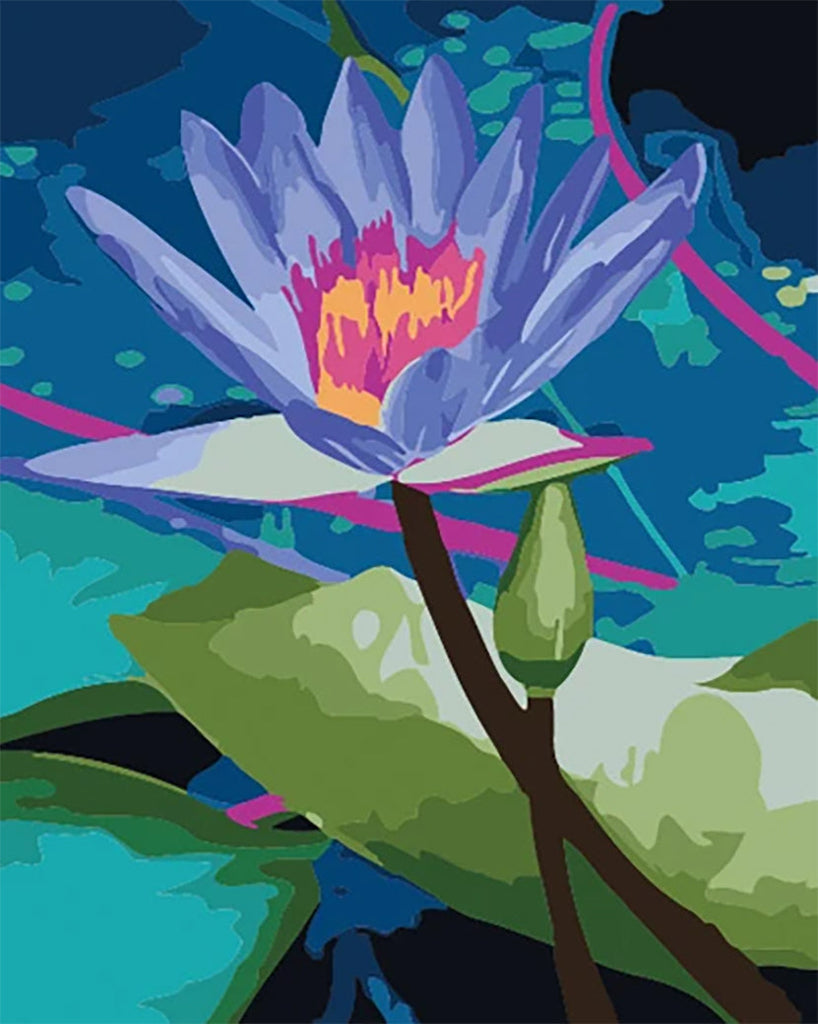 Nenúfar Morado y Hojas Verdes en el Fondo Azul Pintar por Números